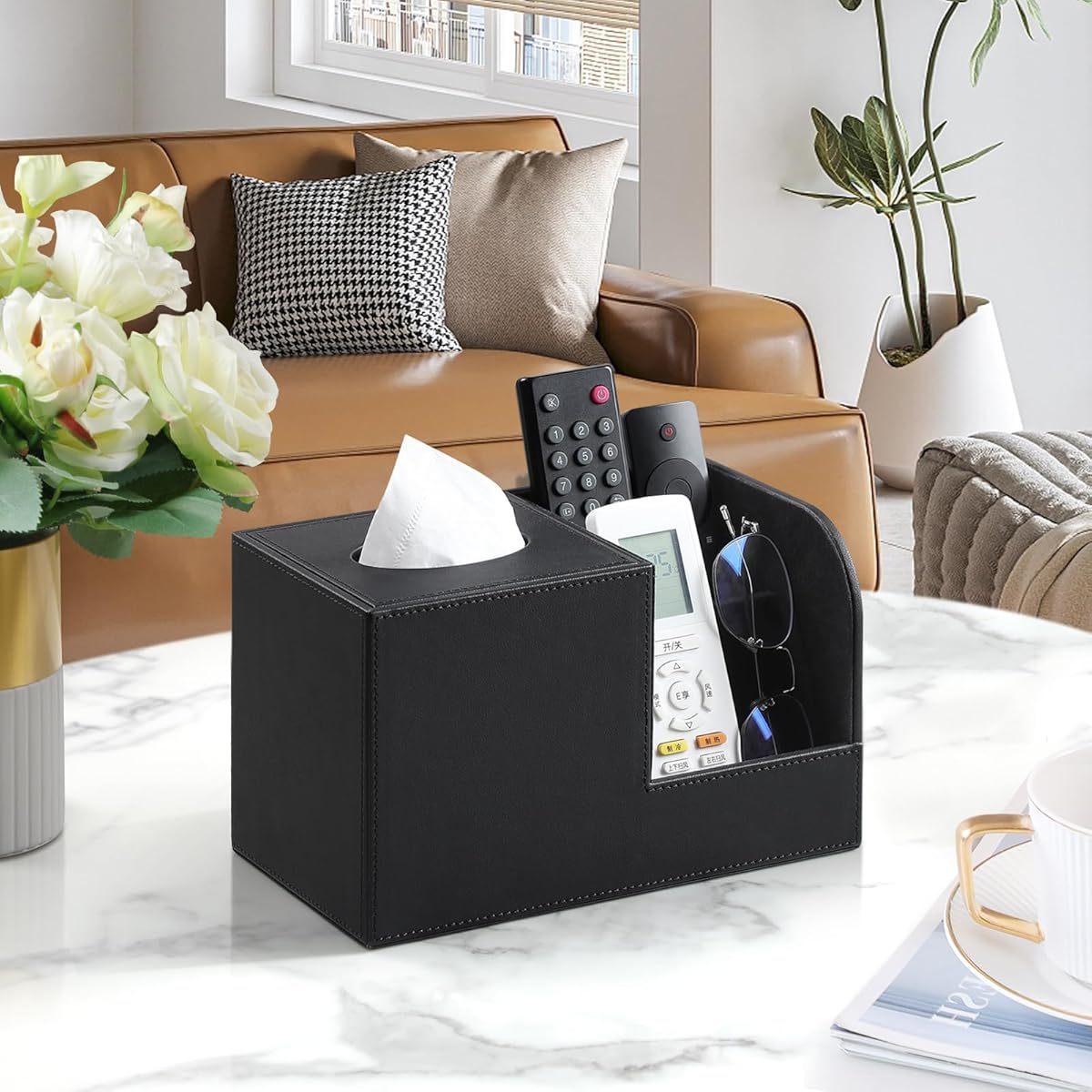 Square Tissue Box Cover with Organizer & Remote Control Holder - 2 Compartments, Magnetic Lid, Durable Plastic, Sleek Black for Living Room, Office, Home Decor