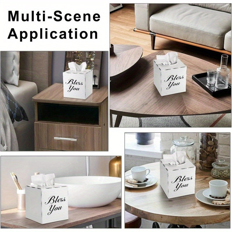 Bless You Tissue Box Cover - Decorative Cube Holder with Open Bottom, Elegant 'Bless You' Text, for Living Room, Bathroom, Office, Tabletop - Housewarming Wedding Gift - White, Office Accessory, Stylish Home Accessory, Sleek Finish, Home Decor Item,