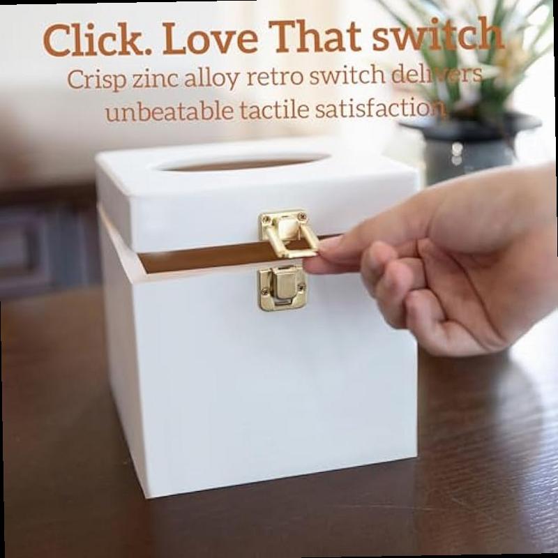 White Tissue Box Cover Square Wooden Tissue Box Holder with Retro Metal Switch Toilet Paper Holder Solid Wood Countertop Bathroom Accessories Home Decor for Living Room