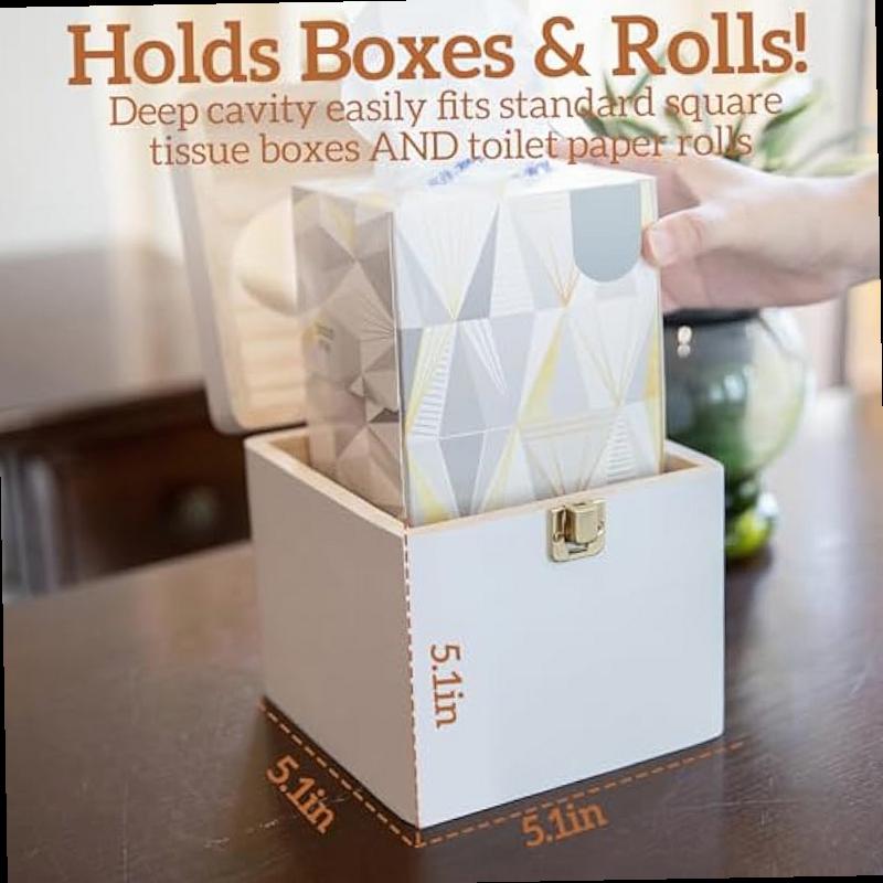 White Tissue Box Cover Square Wooden Tissue Box Holder with Retro Metal Switch Toilet Paper Holder Solid Wood Countertop Bathroom Accessories Home Decor for Living Room