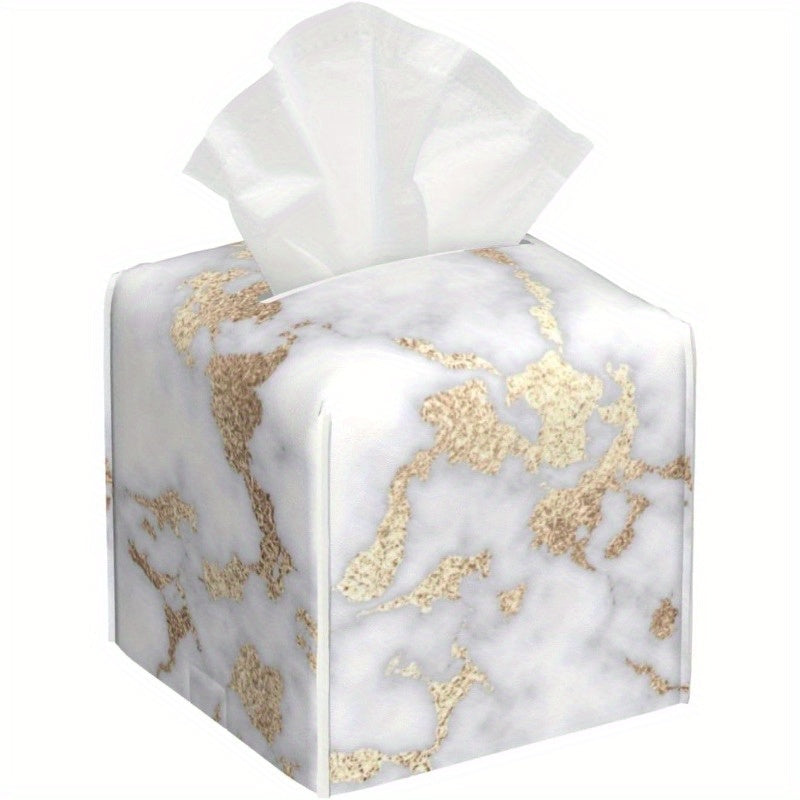 Modern Square Tissue Box Cover - Elegant White & Golden Marble-like design, PU Leather Holder with Closure, Fits Standard Tissues, Decorative Organizer for Living Room, Bathroom, Office, Car - Luxury Home Decor Gift, Bathroom Accessory, Chic Aesthetic,