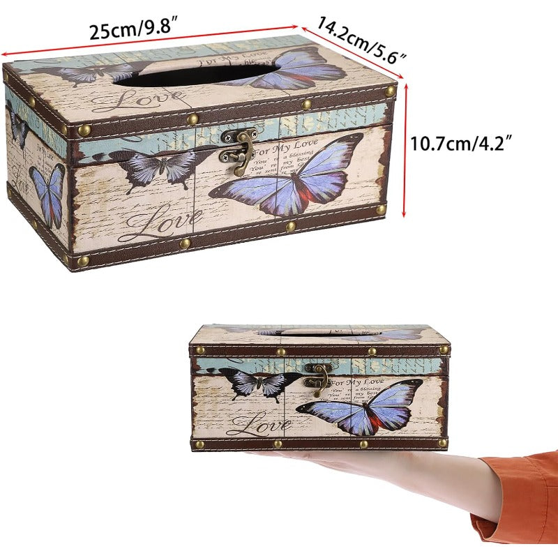 Rectangular Tissue Box Cover with a Lid, Made of Wood, Featuring a PU Cover And a Vintage Pattern, Floral & Butterfly Design, Pink Retro Square Plastic Holder, Beige Background & Brown Frame, Durable Easy-Clean, Suitable for Decorating Bathrooms, Toilets,