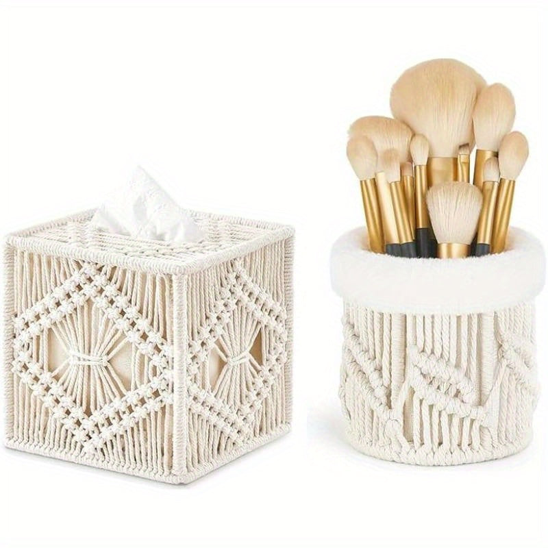 Set of 2 Macrame Tissue Box Cover & Makeup Brush Holder Organizer - Boho Decor Storage Basket with Beige//White Macramé Lattice Lid, Durable Fiber Material for Bathroom, Living Room, Bedroom - Elegant Home Decor, Dust-Resistant & Decorative Storage, Ivory