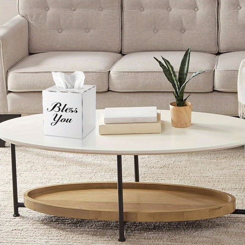 Bless You Tissue Box Cover - Decorative Cube Holder with Open Bottom, Elegant 'Bless You' Text, for Living Room, Bathroom, Office, Tabletop - Housewarming Wedding Gift - White, Office Accessory, Stylish Home Accessory, Sleek Finish, Home Decor Item,