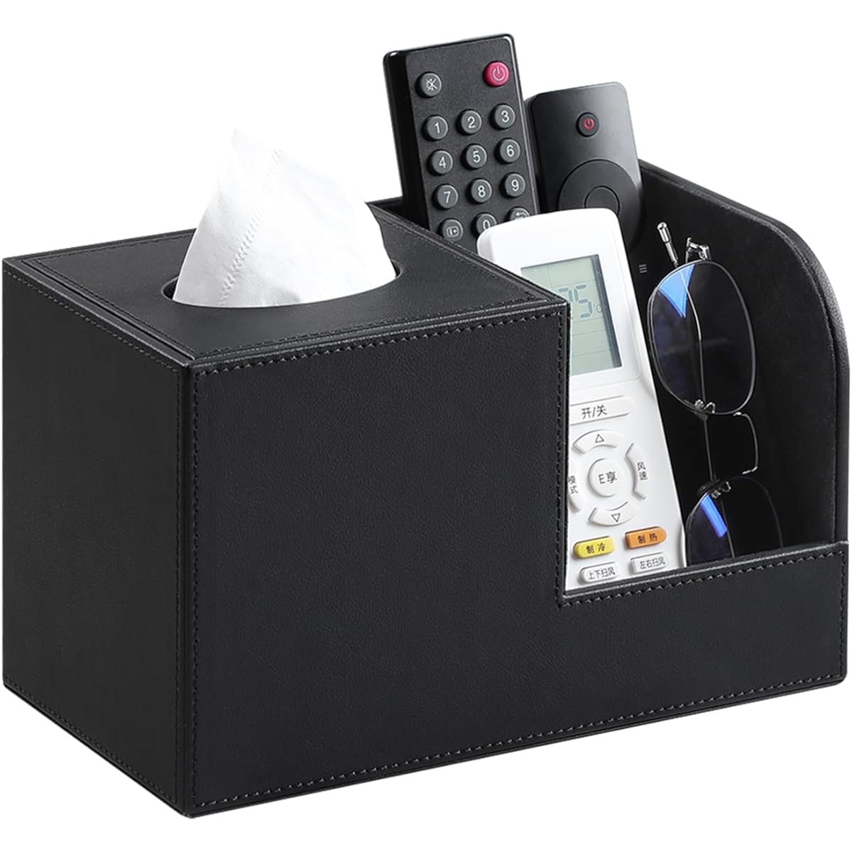 Square Tissue Box Cover with Organizer & Remote Control Holder - 2 Compartments, Magnetic Lid, Durable Plastic, Sleek Black for Living Room, Office, Home Decor