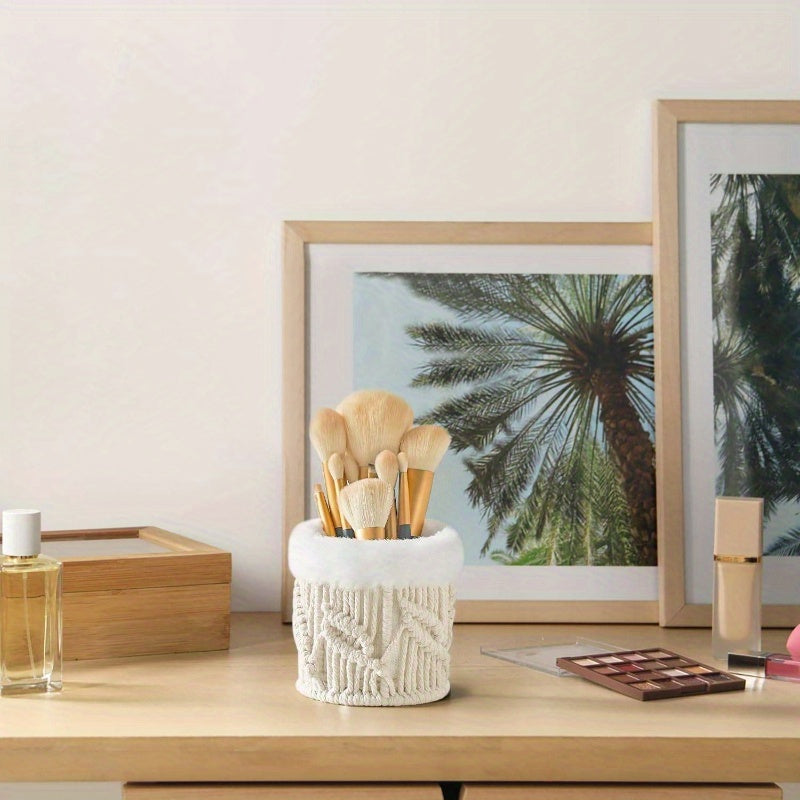 Set of 2 Macrame Tissue Box Cover & Makeup Brush Holder Organizer - Boho Decor Storage Basket with Beige//White Macramé Lattice Lid, Durable Fiber Material for Bathroom, Living Room, Bedroom - Elegant Home Decor, Dust-Resistant & Decorative Storage, Ivory