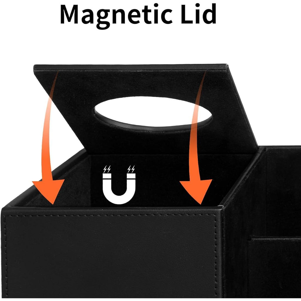 Square Tissue Box Cover with Organizer & Remote Control Holder - 2 Compartments, Magnetic Lid, Durable Plastic, Sleek Black for Living Room, Office, Home Decor