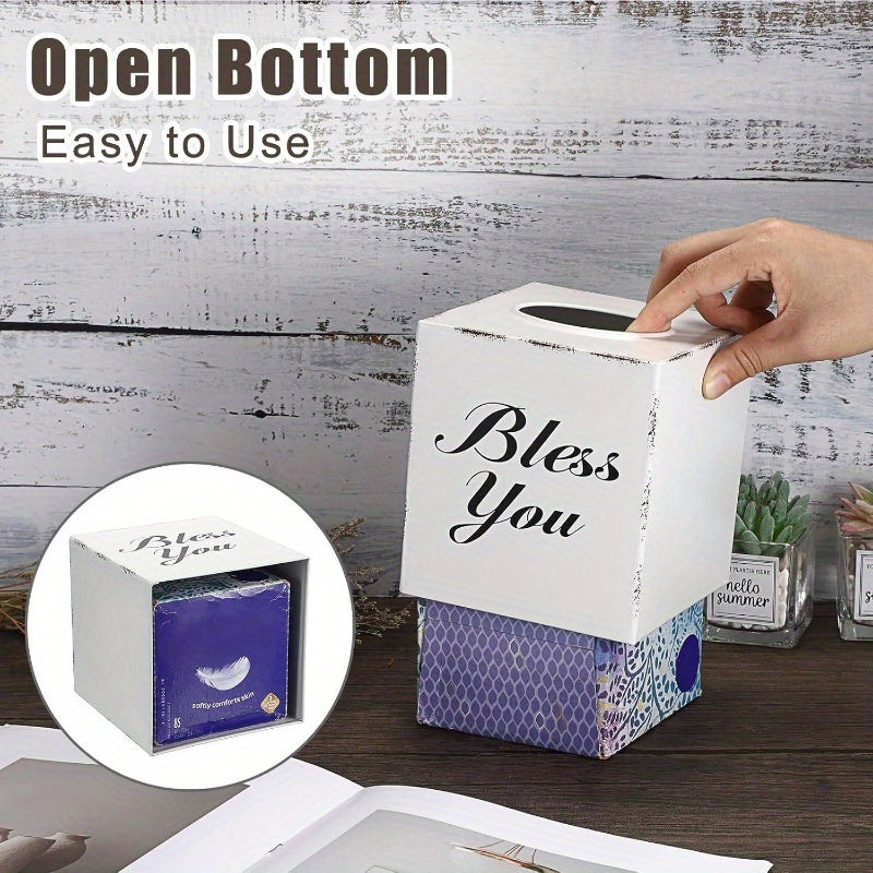 Bless You Tissue Box Cover - Decorative Cube Holder with Open Bottom, Elegant 'Bless You' Text, for Living Room, Bathroom, Office, Tabletop - Housewarming Wedding Gift - White, Office Accessory, Stylish Home Accessory, Sleek Finish, Home Decor Item,