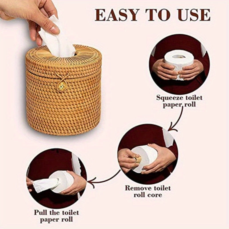 2pcs Natural Woven Tissue Box Cover with Lid - Rustic Farmhouse Bathroom Decor, Toilet Paper Holder with Openning, Compatible with Single Rolls - for Bathroom, Kitchen, Living Room - Easy Installation No Tools Needed, Home Organization, Rattan Design,