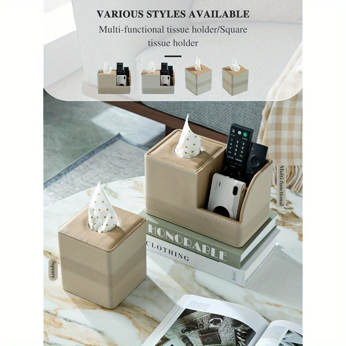 Cloudever Modern Square Tissue Box Holder Cover - White Pepper PU Leather-like Plastic Decorative Organizer with Curved Corners & Built-In Sponge Cushion, Compatible with Upright Tissue Boxes for Living Room, Bathroom, Kitchen - Space-Saving Cube Design,