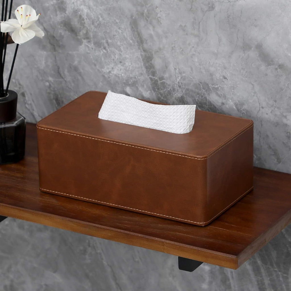 Tissue Box Cover Rectangular 9. 8" ( L) x 5. 3" ( W) x 4. 3" ( H) Refined Modern PU Leather Facial Tissue Dispenser Box Holder for Dresser Bathroom Decorative ( Brown)