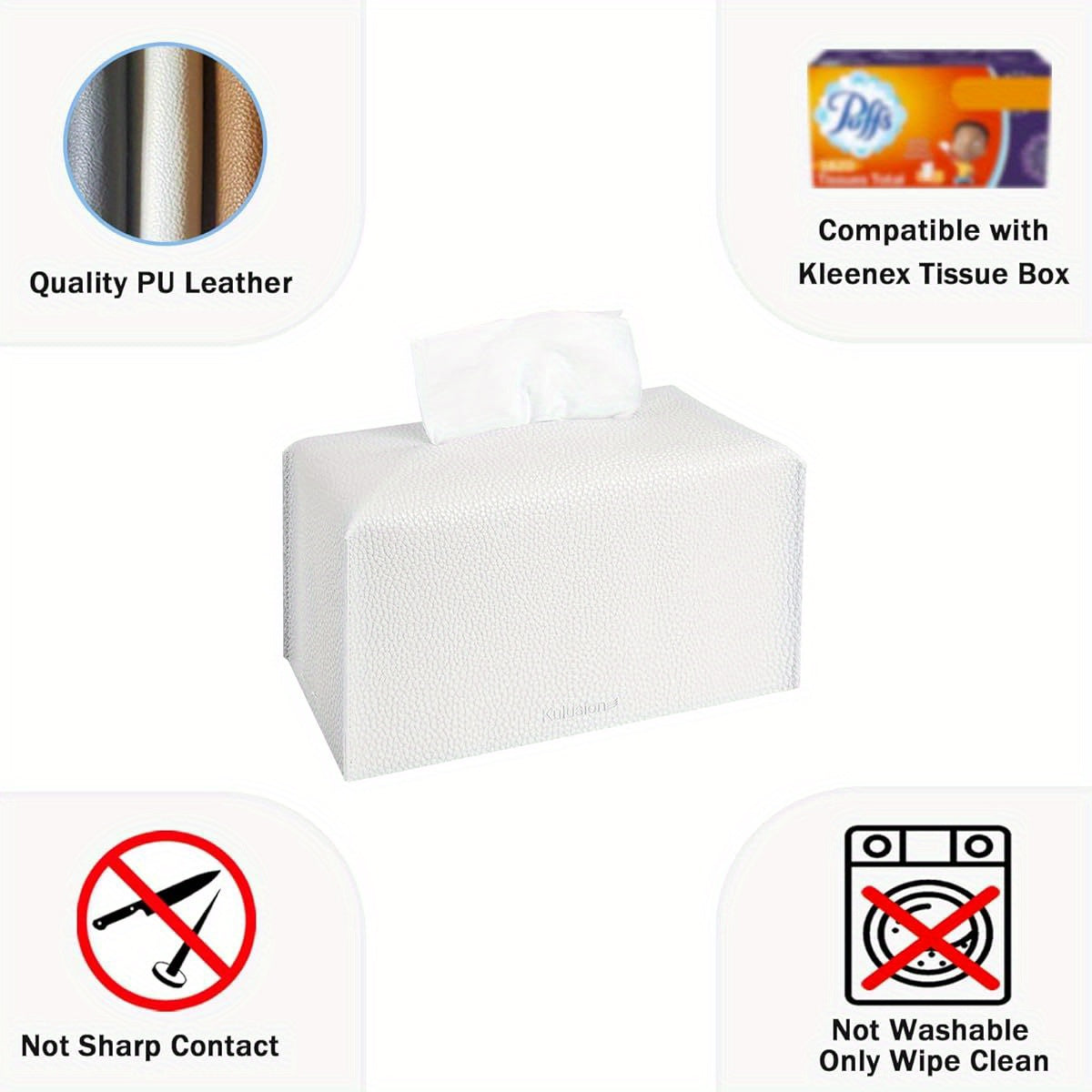 2pcs Tissue Box Cover Holder, Rectangular with Bottom Belt - PU Leather Tissue Cover Decorative Organizer for Tabletop, Bathroom, Car, Office, 9. 5X5X5 Inch - White