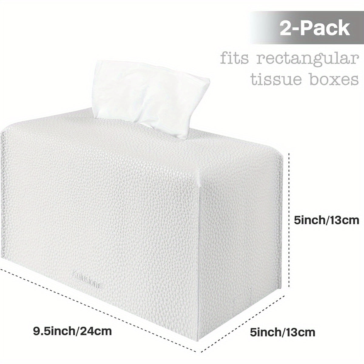 2pcs Tissue Box Cover Holder, Rectangular with Bottom Belt - PU Leather Tissue Cover Decorative Organizer for Tabletop, Bathroom, Car, Office, 9. 5X5X5 Inch - White