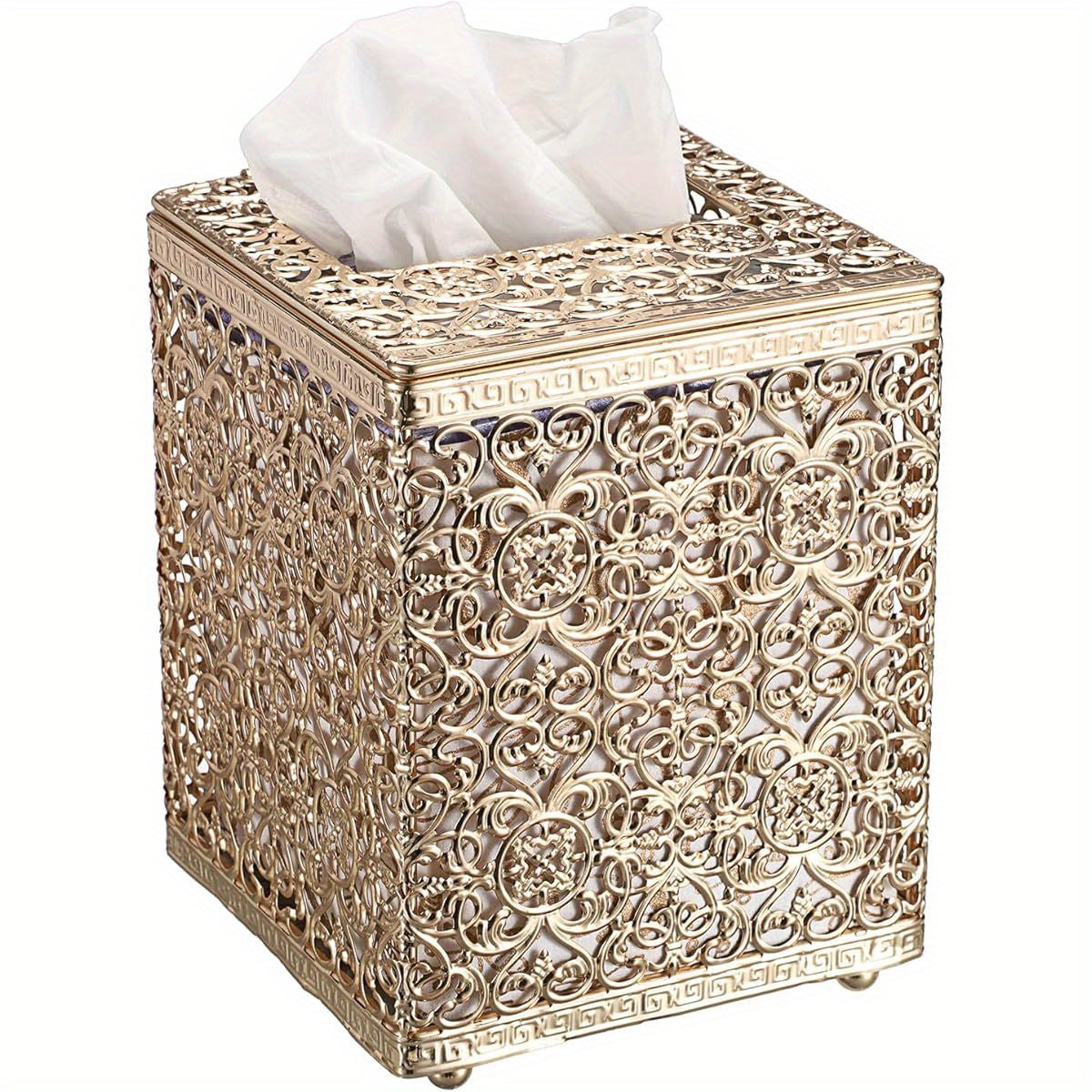 Metal Golden Tissue Box Cover with Lid - Square Modern Rustproof Tissue Holder, Sturdy Flip-Top Design for Bathroom, Kitchen, Home & Office - Decorative Cube Tissue Case Compatible with Standard Cardboard Boxes, Easy to Clean & Space-Saving Decor, Tissue