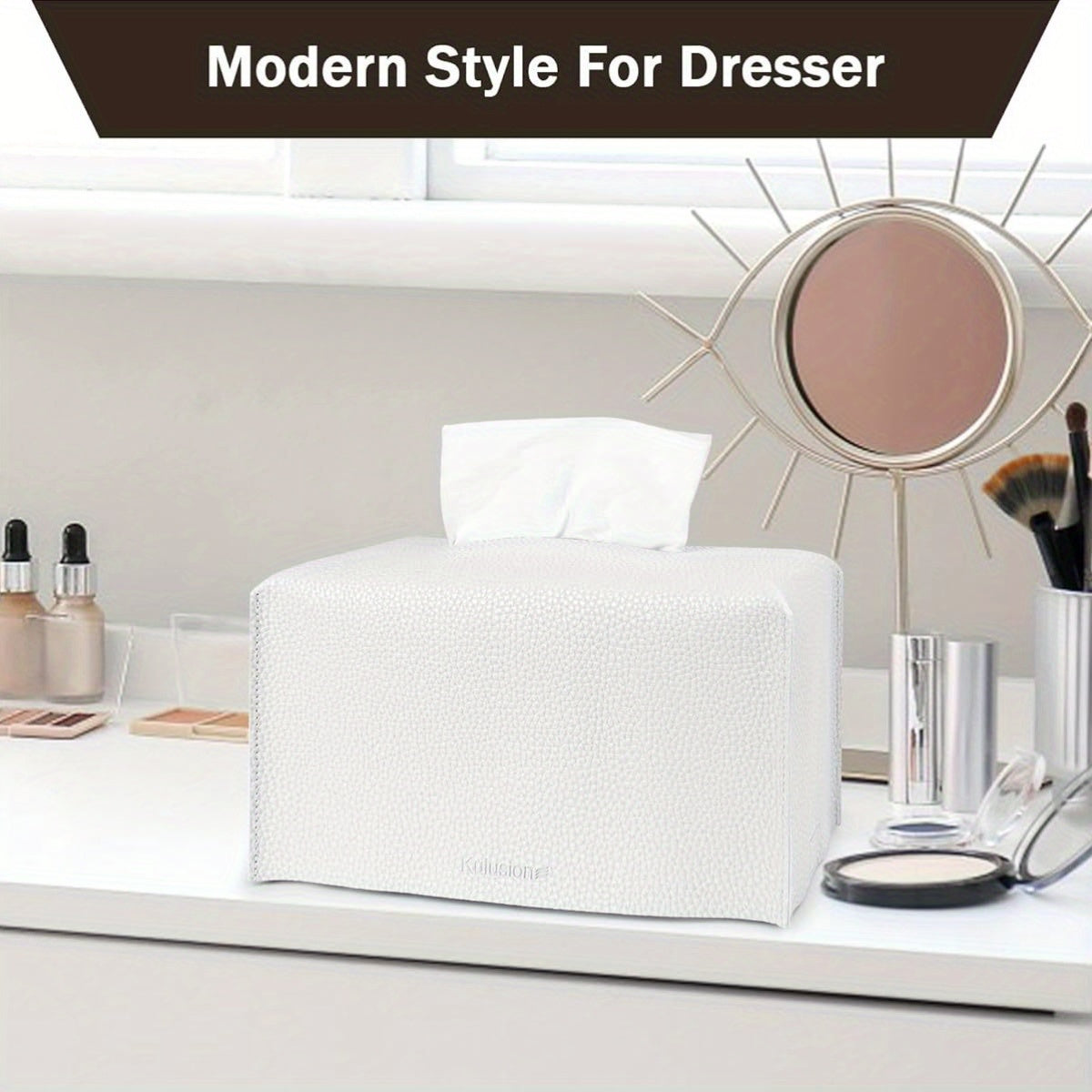 2pcs Tissue Box Cover Holder, Rectangular with Bottom Belt - PU Leather Tissue Cover Decorative Organizer for Tabletop, Bathroom, Car, Office, 9. 5X5X5 Inch - White