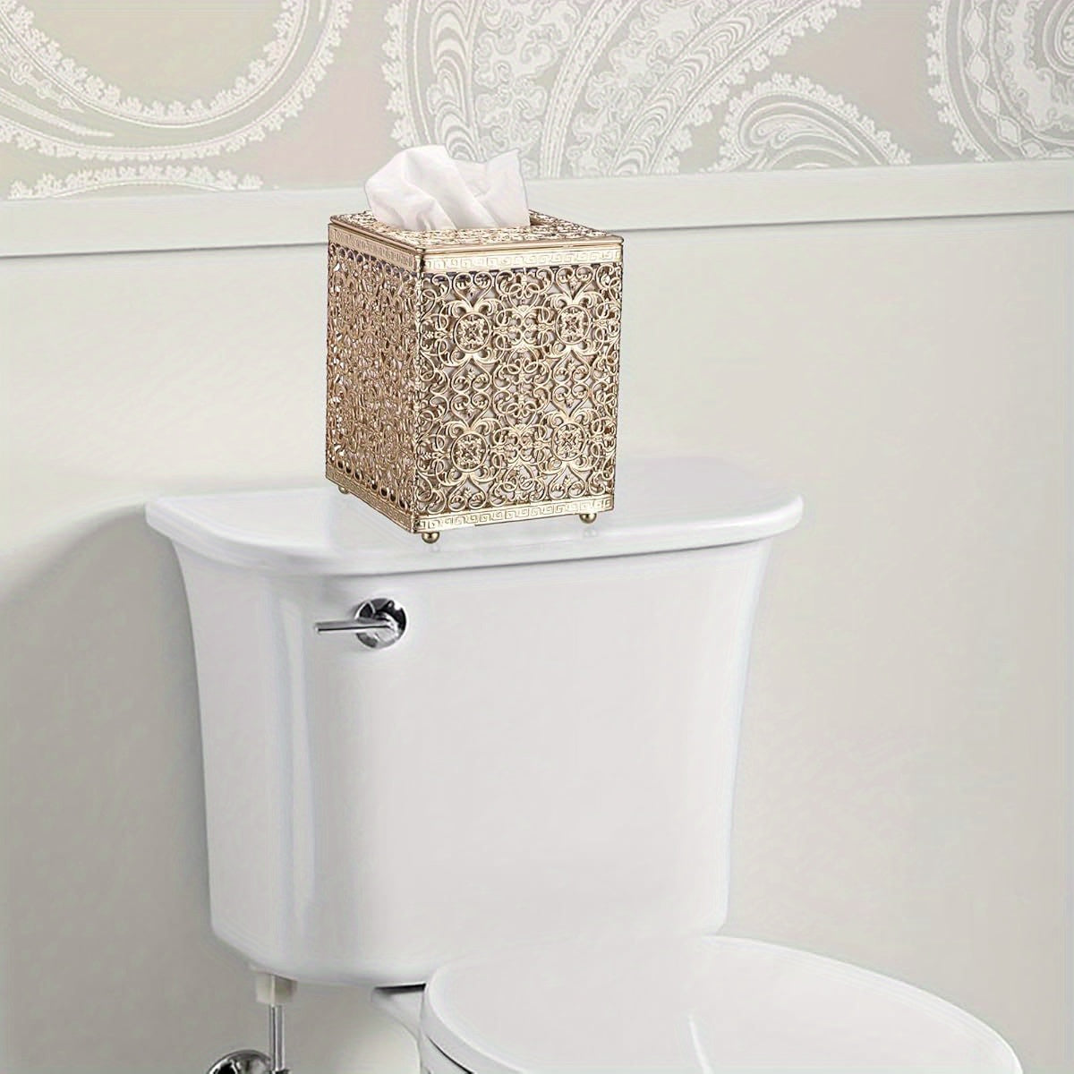 Metal Golden Tissue Box Cover with Lid - Square Modern Rustproof Tissue Holder, Sturdy Flip-Top Design for Bathroom, Kitchen, Home & Office - Decorative Cube Tissue Case Compatible with Standard Cardboard Boxes, Easy to Clean & Space-Saving Decor, Tissue