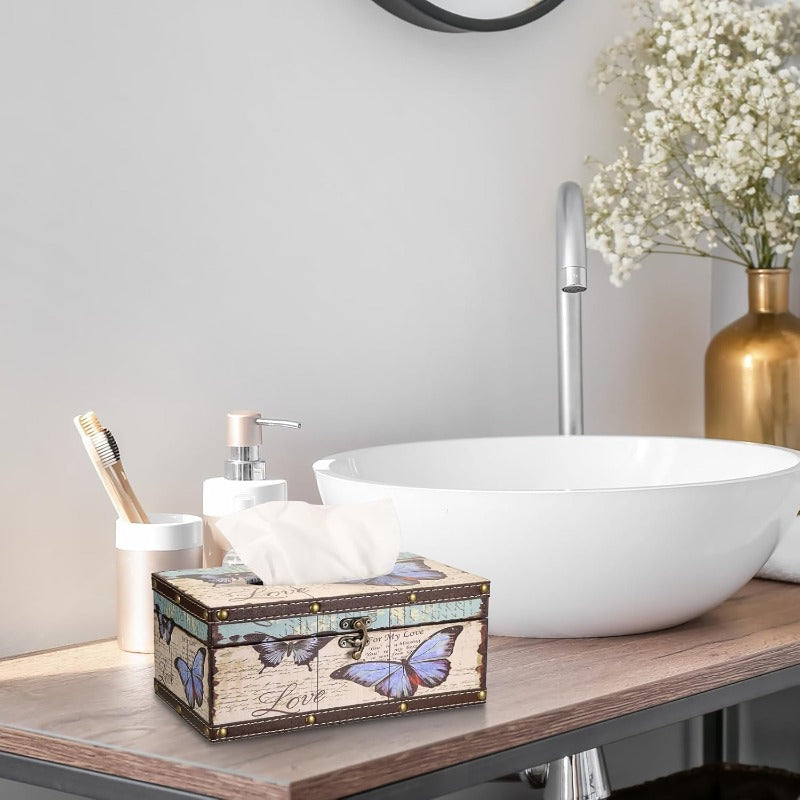 Rectangular Tissue Box Cover with a Lid, Made of Wood, Featuring a PU Cover And a Vintage Pattern, Floral & Butterfly Design, Pink Retro Square Plastic Holder, Beige Background & Brown Frame, Durable Easy-Clean, Suitable for Decorating Bathrooms, Toilets,