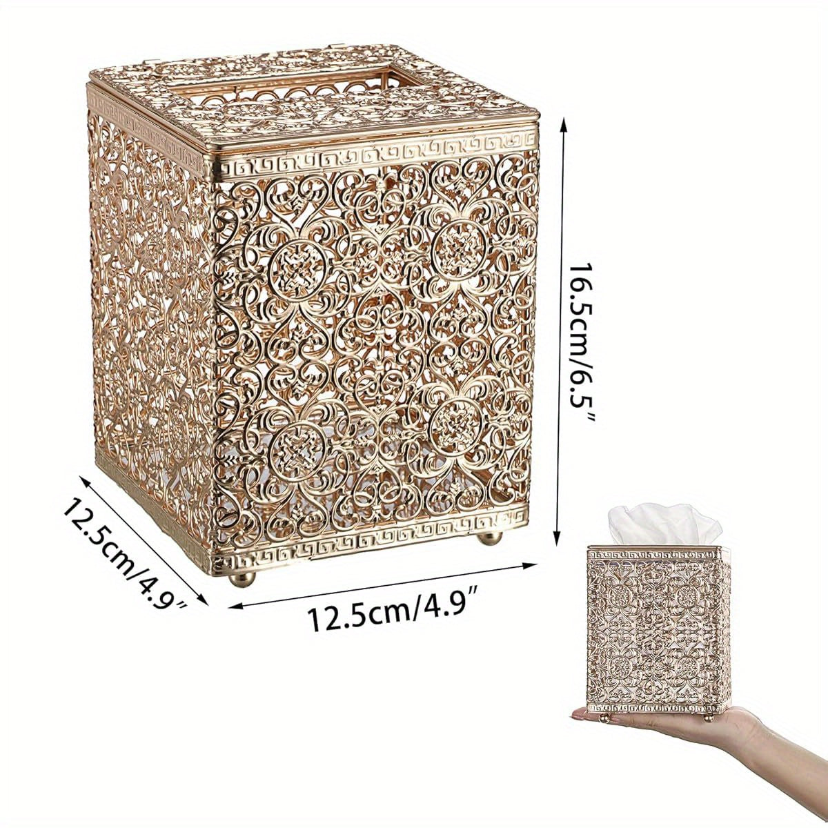 Metal Golden Tissue Box Cover with Lid - Square Modern Rustproof Tissue Holder, Sturdy Flip-Top Design for Bathroom, Kitchen, Home & Office - Decorative Cube Tissue Case Compatible with Standard Cardboard Boxes, Easy to Clean & Space-Saving Decor, Tissue