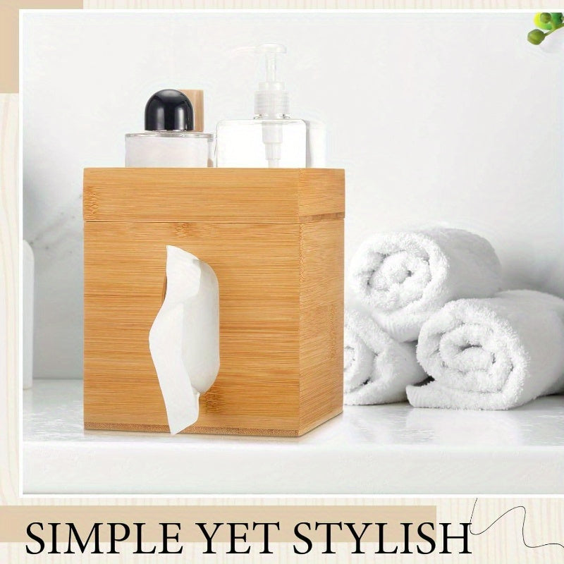 Bamboo Tissue Box Cover with Storage Tray - 6x6x7.4 Inch Decorative Cube Organizer, Natural Wood Tissue Holder for Office & Bedroom, Home Decor Gift