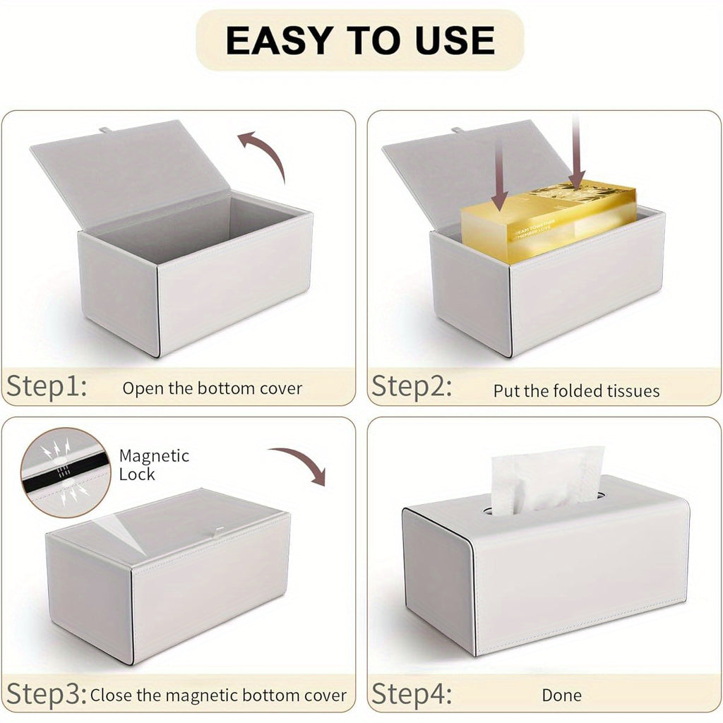 Rectangular Tissue Box Cover Made of PU Leather, Featuring a Magnetic Bottom, Suitable for Facial Tissues Or Napkins, Ideal for Office And Living Room Decoration (Ivory White).