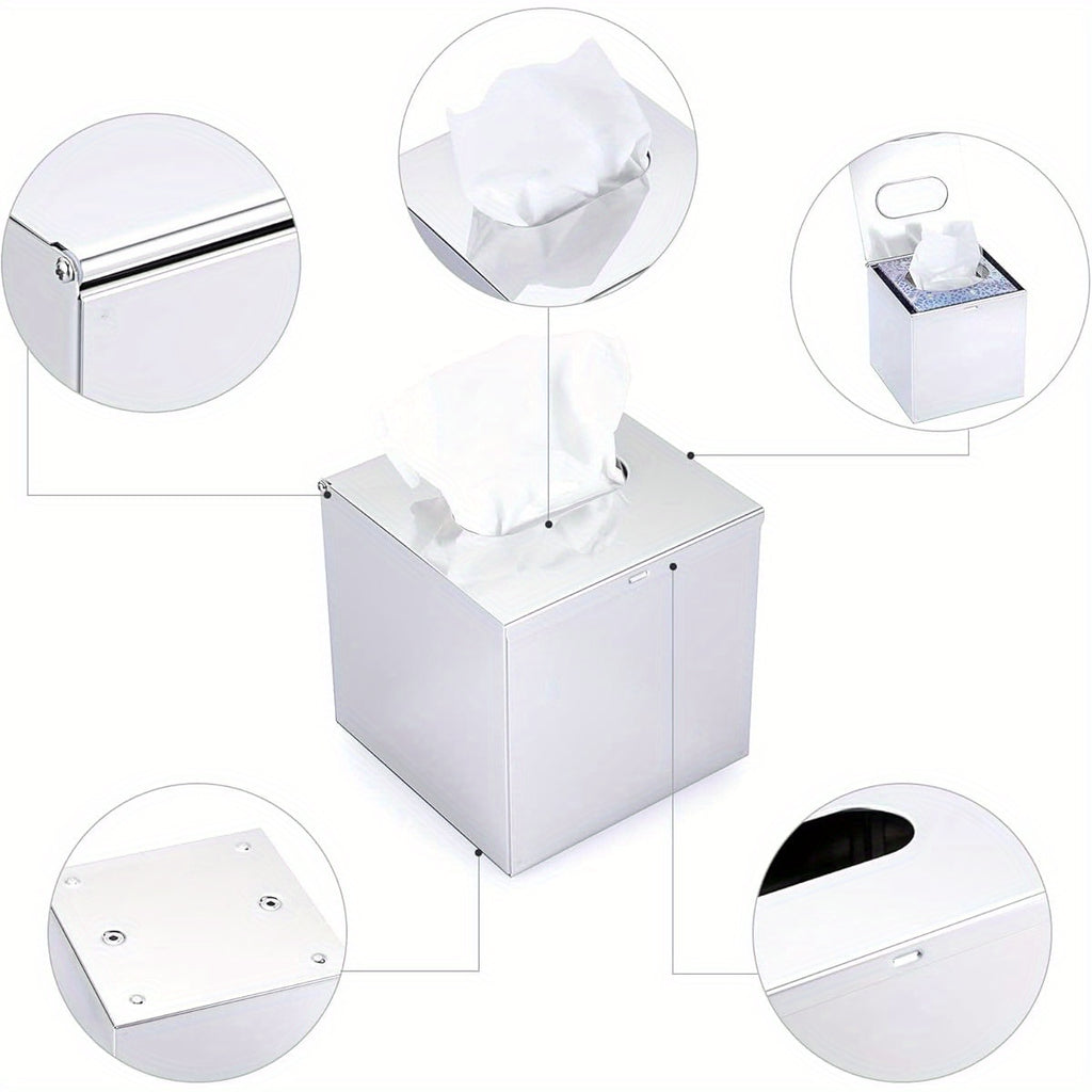 Square Stainless Steel Tissue Box Cover - Wall Mounted Stylish Paper Facial Cover, Modern Metal Tissue Box Holder for Bedroom/ Bathroom/ Vanity/ Countertop/ Dresser/ Night Stand/ Office/ Car, Polish
