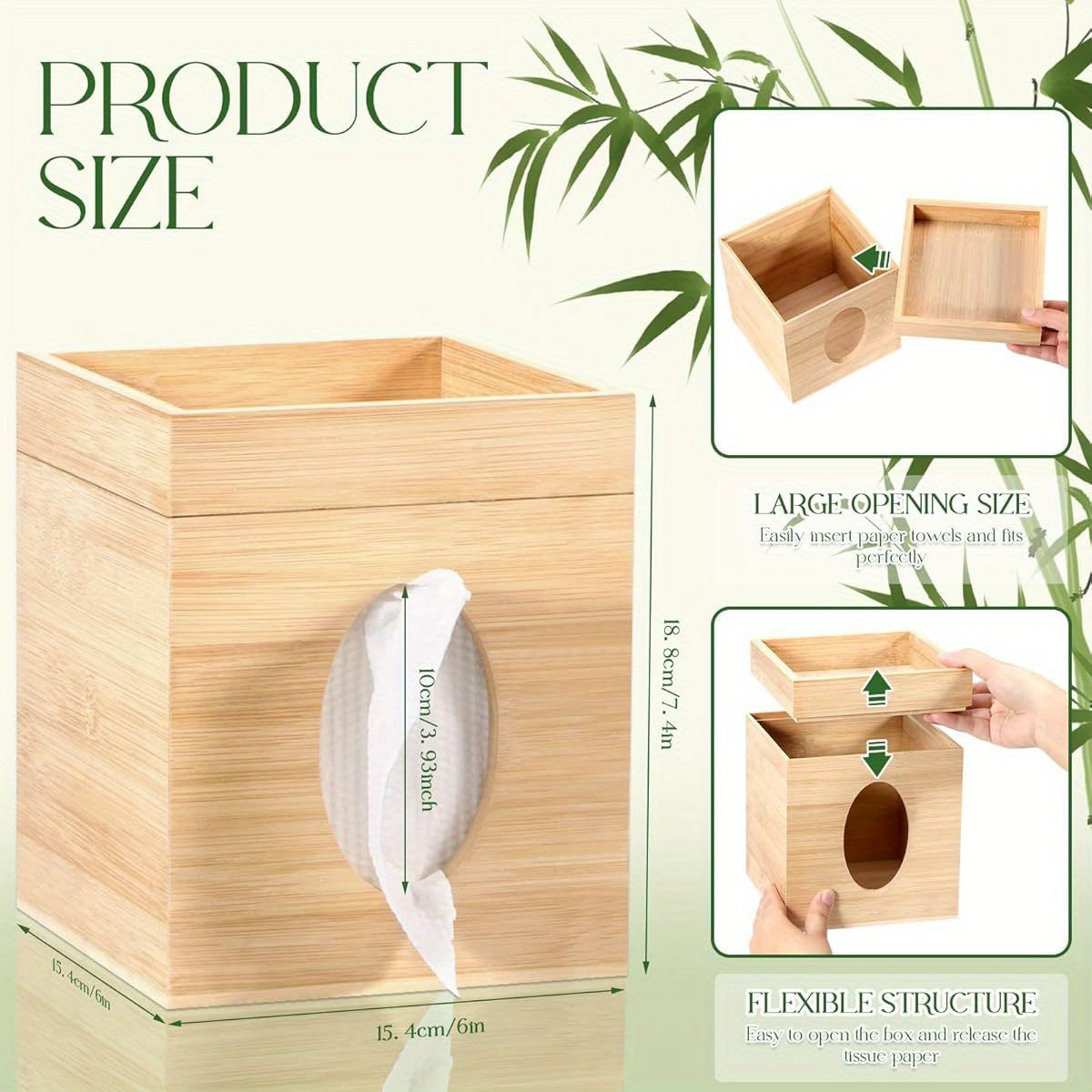 Bamboo Tissue Box Cover with Storage Tray - 6"x6"x7, 4" Square Plastic Holder for Bathroom, Bedroom, Office & Tabletop - Durable Rectangular Design with Secure Lid, Space-Saving Organizer for Tissues, Napkins & Small Items, Bathroom Organizers And