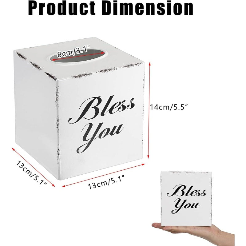 Bless You Tissue Box Cover - Decorative Cube Holder with Open Bottom, Elegant 'Bless You' Text, for Living Room, Bathroom, Office, Tabletop - Housewarming Wedding Gift - White, Office Accessory, Stylish Home Accessory, Sleek Finish, Home Decor Item,