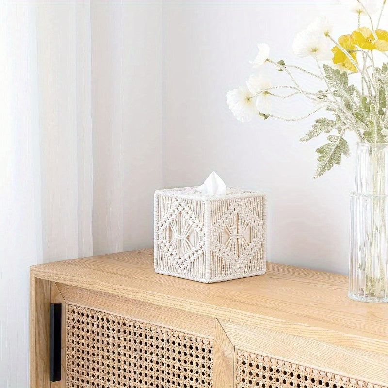 Set of 2 Macrame Tissue Box Cover & Makeup Brush Holder Organizer - Boho Decor Storage Basket with Beige//White Macramé Lattice Lid, Durable Fiber Material for Bathroom, Living Room, Bedroom - Elegant Home Decor, Dust-Resistant & Decorative Storage, Ivory