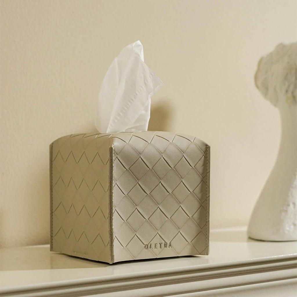 Square Tissue Box Cover, Set of 2 - Aesthetic Tissues Cube Boxes Holder - Desk Decor for Room, Home & Office - Woven Textured, Light Taupe