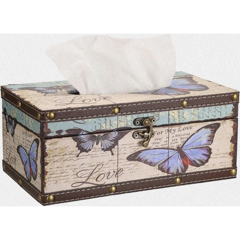 Rectangular Tissue Box Cover with a Lid, Made of Wood, Featuring a PU Cover And a Vintage Pattern, Floral & Butterfly Design, Pink Retro Square Plastic Holder, Beige Background & Brown Frame, Durable Easy-Clean, Suitable for Decorating Bathrooms, Toilets,