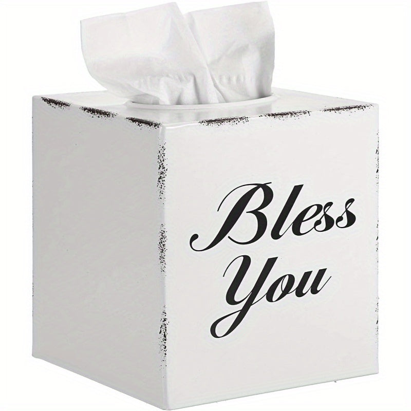 Bless You Tissue Box Cover - Decorative Cube Holder with Open Bottom, Elegant 'Bless You' Text, for Living Room, Bathroom, Office, Tabletop - Housewarming Wedding Gift - White, Office Accessory, Stylish Home Accessory, Sleek Finish, Home Decor Item,