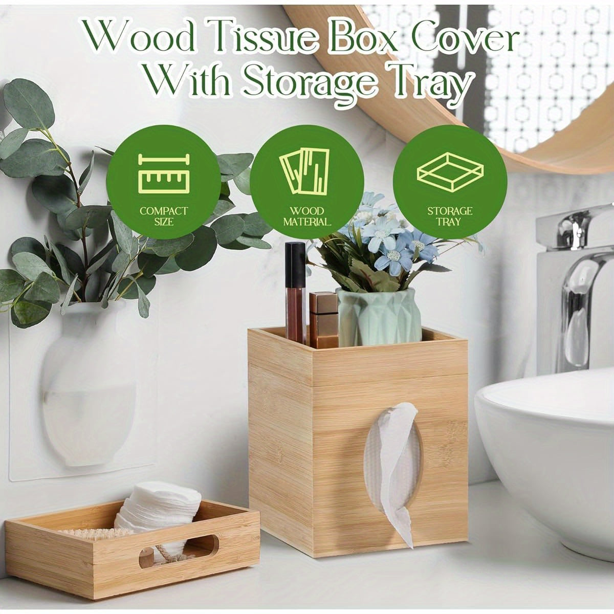 Bamboo Tissue Box Cover with Storage Tray - 6"x6"x7, 4" Square Plastic Holder for Bathroom, Bedroom, Office & Tabletop - Durable Rectangular Design with Secure Lid, Space-Saving Organizer for Tissues, Napkins & Small Items, Bathroom Organizers And