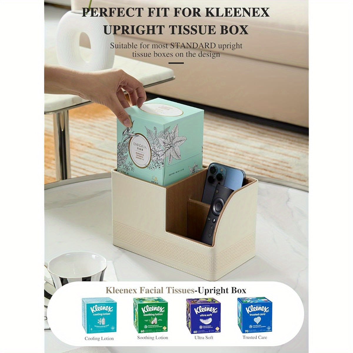 Cloudever Modern Square Tissue Box Holder Cover - White Pepper PU Leather-like Plastic Decorative Organizer with Curved Corners & Built-In Sponge Cushion, Compatible with Upright Tissue Boxes for Living Room, Bathroom, Kitchen - Space-Saving Cube Design,