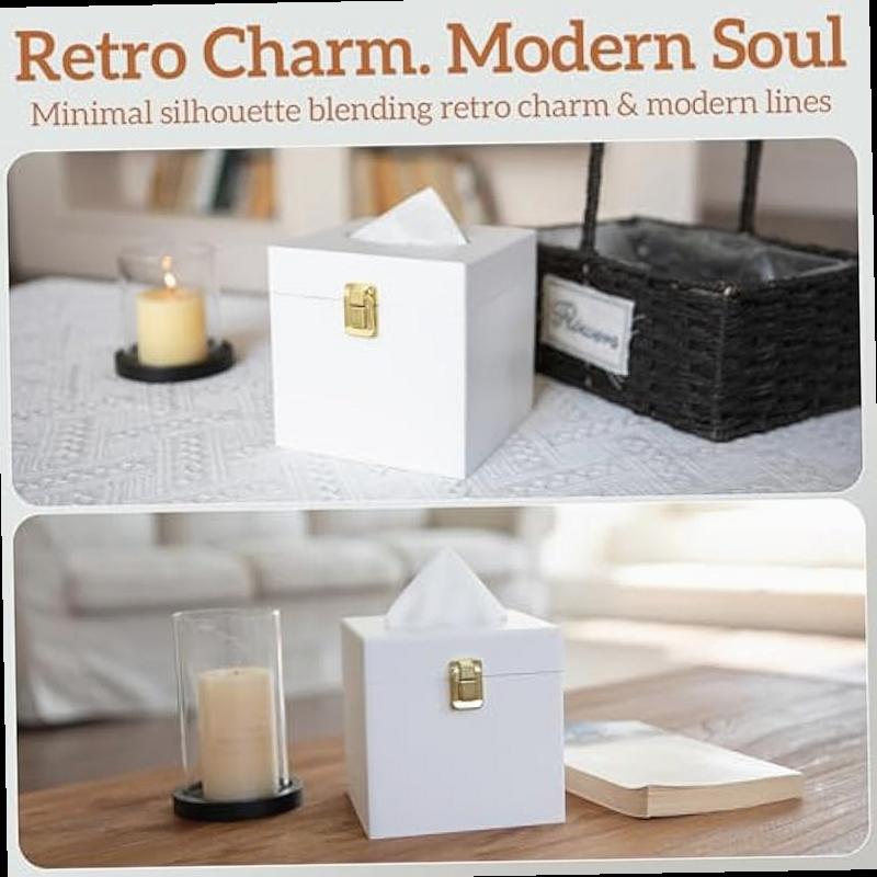 White Tissue Box Cover Square Wooden Tissue Box Holder with Retro Metal Switch Toilet Paper Holder Solid Wood Countertop Bathroom Accessories Home Decor for Living Room