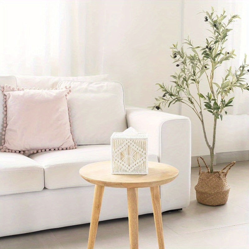 Set of 2 Macrame Tissue Box Cover & Makeup Brush Holder Organizer - Boho Decor Storage Basket with Beige//White Macramé Lattice Lid, Durable Fiber Material for Bathroom, Living Room, Bedroom - Elegant Home Decor, Dust-Resistant & Decorative Storage, Ivory