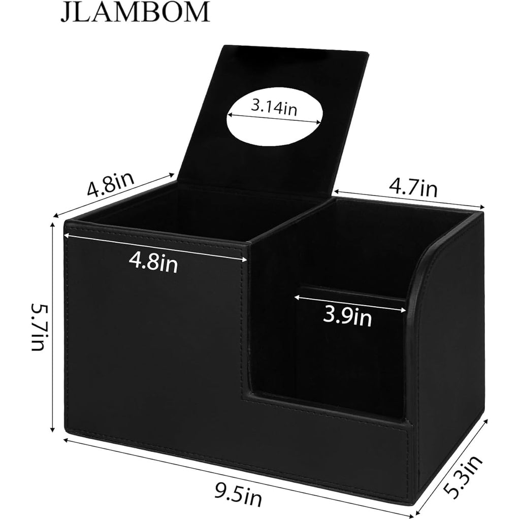 Square Tissue Box Cover with Organizer & Remote Control Holder - 2 Compartments, Magnetic Lid, Durable Plastic, Sleek Black for Living Room, Office, Home Decor
