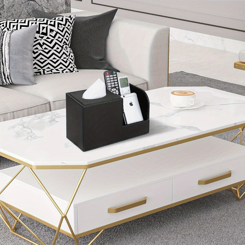 Square Tissue Box Cover with Organizer & Remote Control Holder - 2 Compartments, Magnetic Lid, Durable Plastic, Sleek Black for Living Room, Office, Home Decor