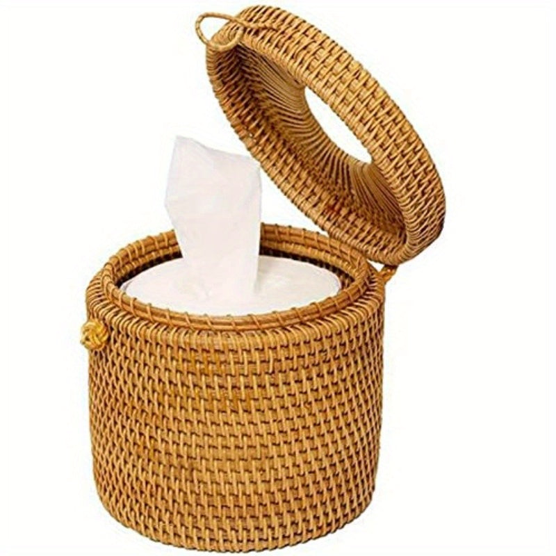 2pcs Natural Woven Tissue Box Cover with Lid - Rustic Farmhouse Bathroom Decor, Toilet Paper Holder with Openning, Compatible with Single Rolls - for Bathroom, Kitchen, Living Room - Easy Installation No Tools Needed, Home Organization, Rattan Design,