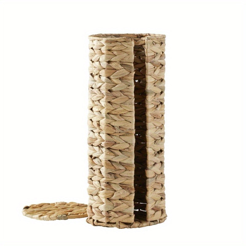 Elegant Beige Woven Tissue Holder with Lid – Natural Hyacinth Design, Round Bathroom Organizer for Toilet Paper, Stylish and Functional Home Decor, Toilet Paper Holder
