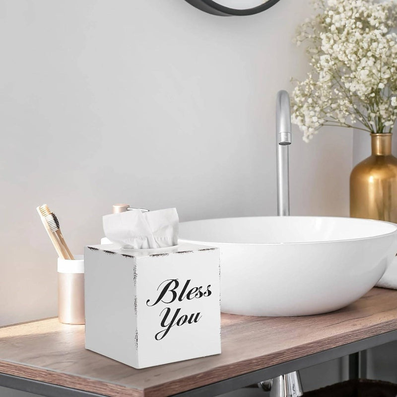 Bless You Tissue Box Cover - Decorative Cube Holder with Open Bottom, Elegant 'Bless You' Text, for Living Room, Bathroom, Office, Tabletop - Housewarming Wedding Gift - White, Office Accessory, Stylish Home Accessory, Sleek Finish, Home Decor Item,