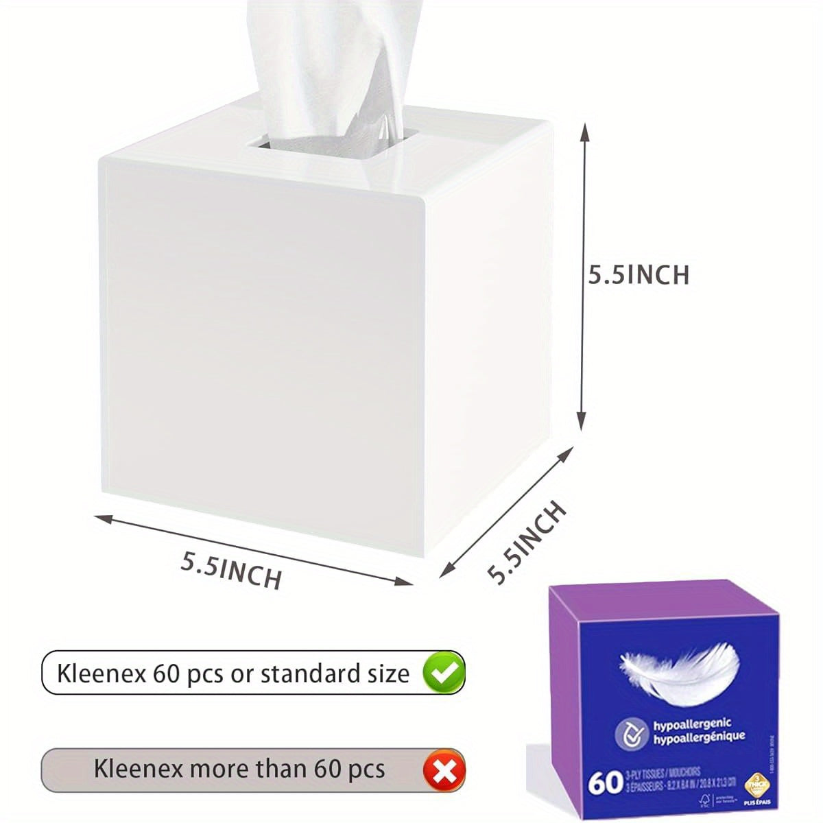 Acrylic Tissue Box Cover, White Square Tissue Box Holder, Facial Napkin Dispenser for Bathroom Kitchen Bedroom Office Hotel Use