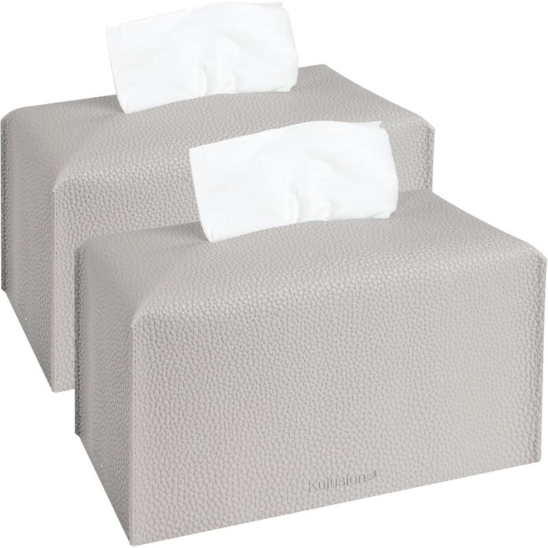 2pcs Tissue Box Cover Holder Rectangular with Bottom Belt PU Leather Tissue Cover Decorative Organizer for Tabletop Bathroom Car Office 9. 5X5X5 Inch Light Gray, Vintage Tissue Box Holder, Home Organization, Bathroom Decor, Rectangular Design, Elegant