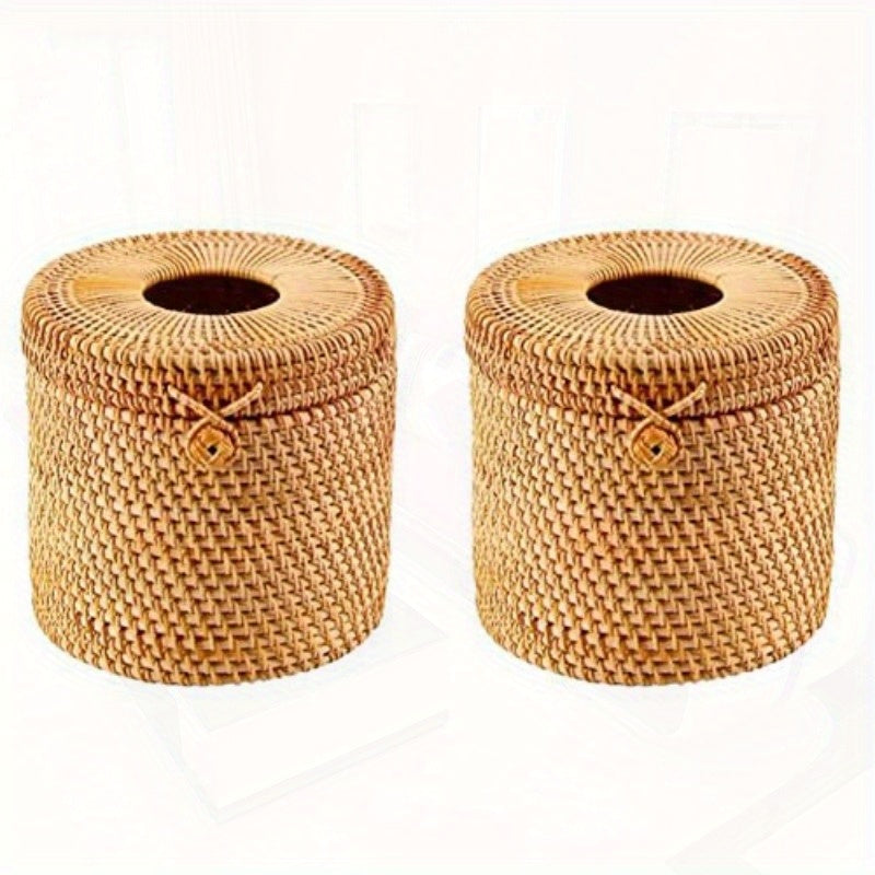 2pcs Natural Woven Tissue Box Cover with Lid - Rustic Farmhouse Bathroom Decor, Toilet Paper Holder with Openning, Compatible with Single Rolls - for Bathroom, Kitchen, Living Room - Easy Installation No Tools Needed, Home Organization, Rattan Design,