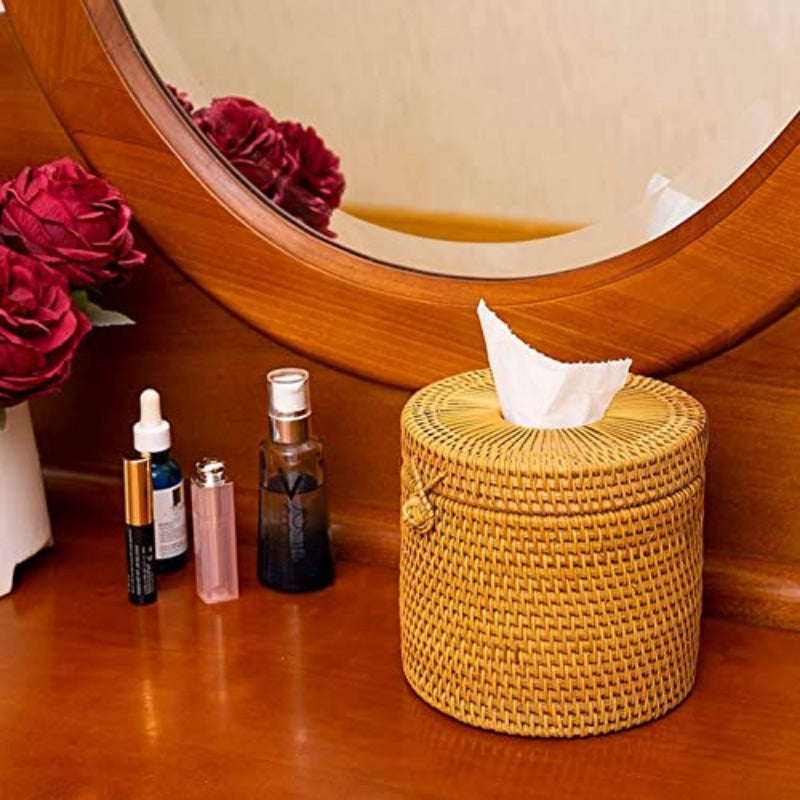 2pcs Natural Woven Tissue Box Cover with Lid - Rustic Farmhouse Bathroom Decor, Toilet Paper Holder with Openning, Compatible with Single Rolls - for Bathroom, Kitchen, Living Room - Easy Installation No Tools Needed, Home Organization, Rattan Design,