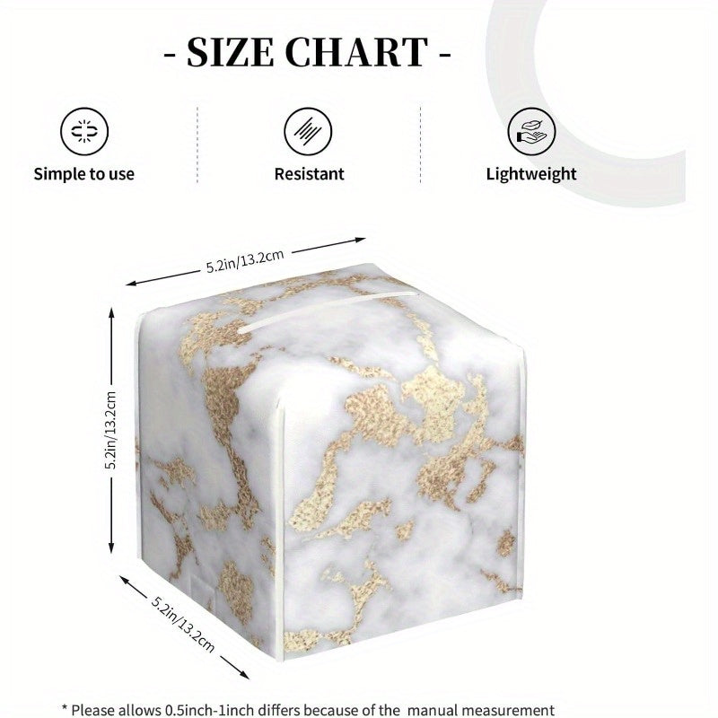 Modern Square Tissue Box Cover - Elegant White & Golden Marble-like design, PU Leather Holder with Closure, Fits Standard Tissues, Decorative Organizer for Living Room, Bathroom, Office, Car - Luxury Home Decor Gift, Bathroom Accessory, Chic Aesthetic,