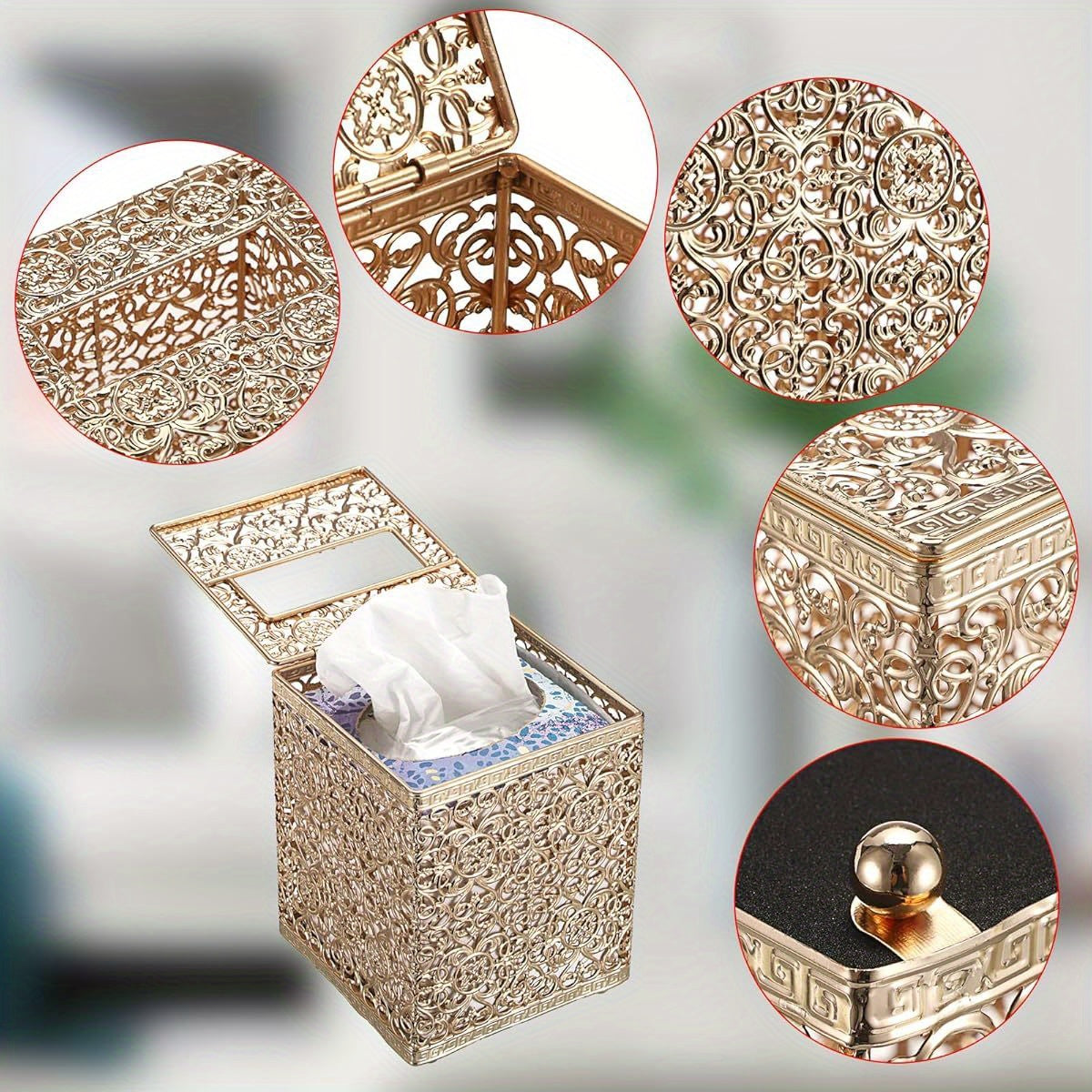 Metal Golden Tissue Box Cover with Lid - Square Modern Rustproof Tissue Holder, Sturdy Flip-Top Design for Bathroom, Kitchen, Home & Office - Decorative Cube Tissue Case Compatible with Standard Cardboard Boxes, Easy to Clean & Space-Saving Decor, Tissue