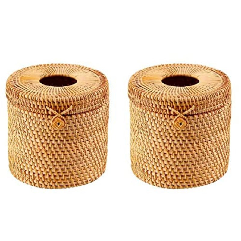 2pcs Natural Woven Tissue Box Cover with Lid - Rustic Farmhouse Bathroom Decor, Toilet Paper Holder with Openning, Compatible with Single Rolls - for Bathroom, Kitchen, Living Room - Easy Installation No Tools Needed, Home Organization, Rattan Design,