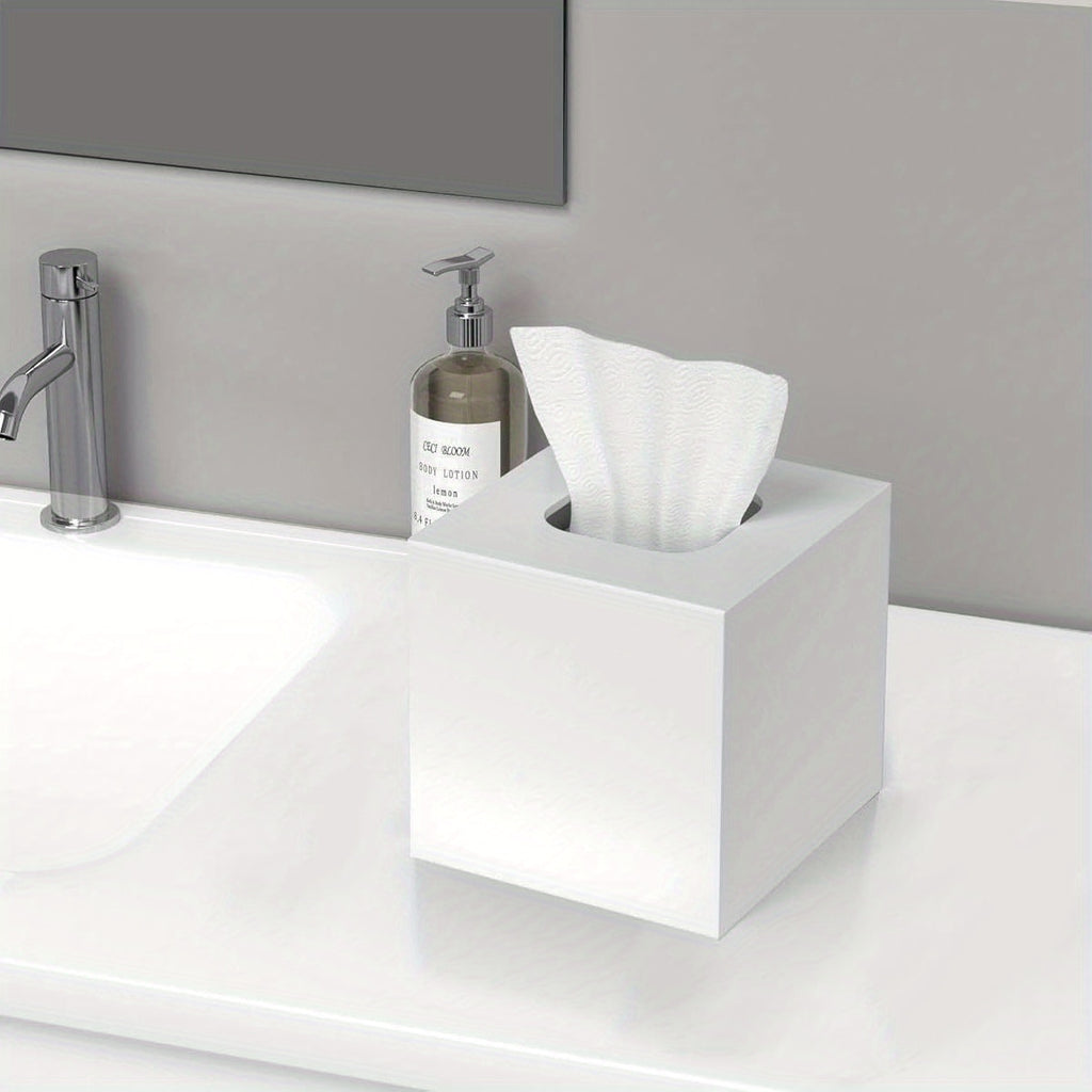 2-in-1 Acrylic Tissue Box Cover & Dryer Sheet/Mask Holder with Magnetic Bottom - Space-Saving Bathroom Organizer, Compact Square Design (5, 51x5, 51x5, 91in) for Home, Office, Car - White - Compatible with Standard Tissues, Bathroom Storage, Office