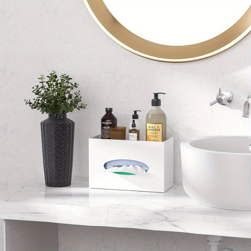 Modern Minimalist Tissue Box Cover and Dispenser with Built-in Storage Tray - Space-Saving Organizer, Durable Plastic Construction for Bathroom, Kitchen, Home, Office - Fits Standard Tissues (9.85x4.5x6.3 Inches) - Decorative Countertop or Under Cabinet